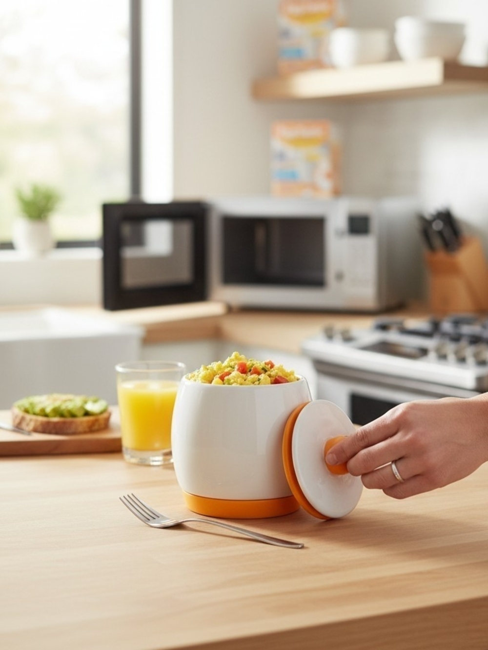 EggTastic ET011112 Ceramic Microwave Egg Cooker, White/Orange